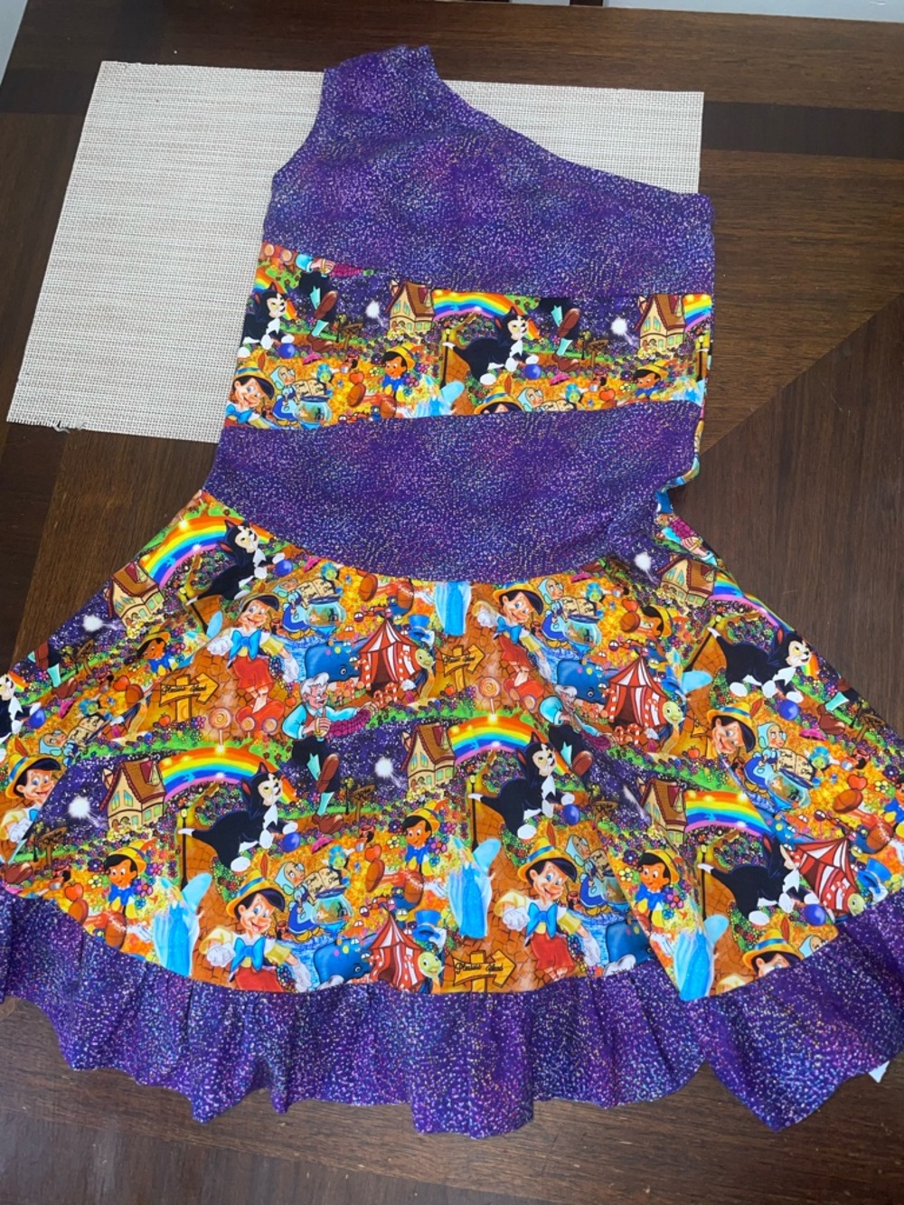 Custom Handmade Disney Pinocchio Dress Girls 10/12 NWOT Boutique One Shoulder